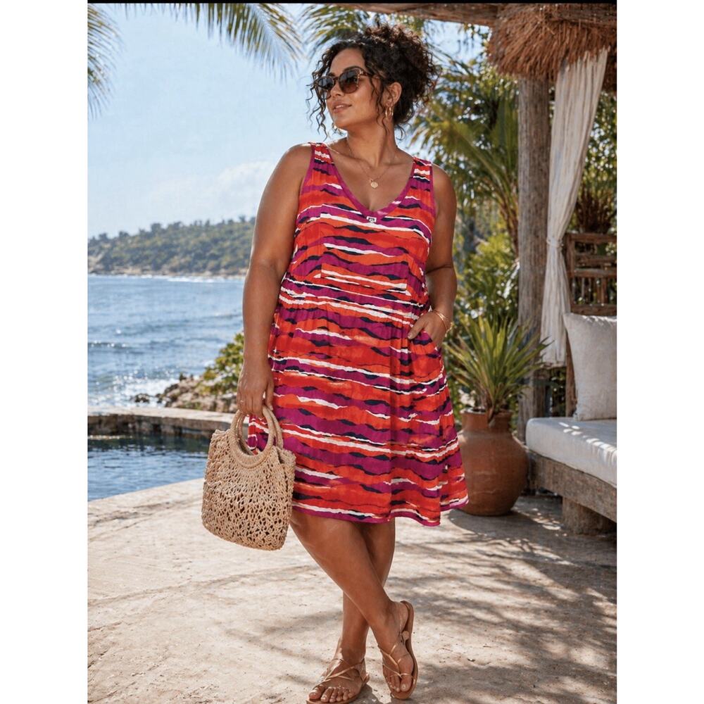 Anne Klein Sz 20w Red Pink Navy Wave Stripe A Line Flare dress Cocktail Resort